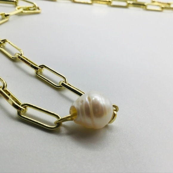 New Necklace Fresh Water Pearl 14k Yellow Gold Plated Paper Clip Chain L… - Picture 6 of 8
